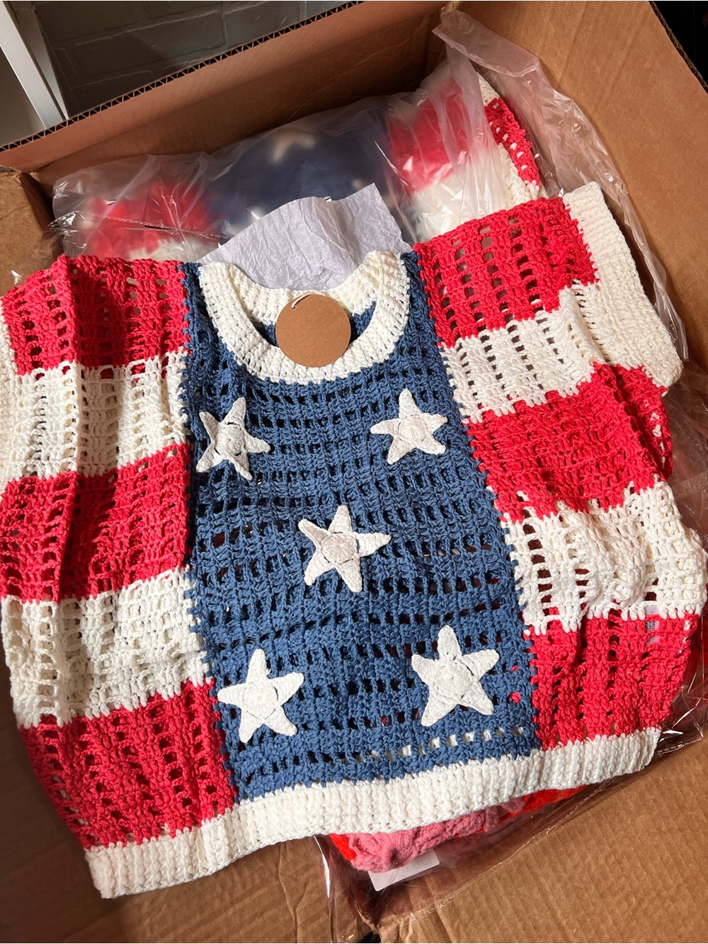 BiBi Red, White & Blue Crochet Star Sweater size Medium